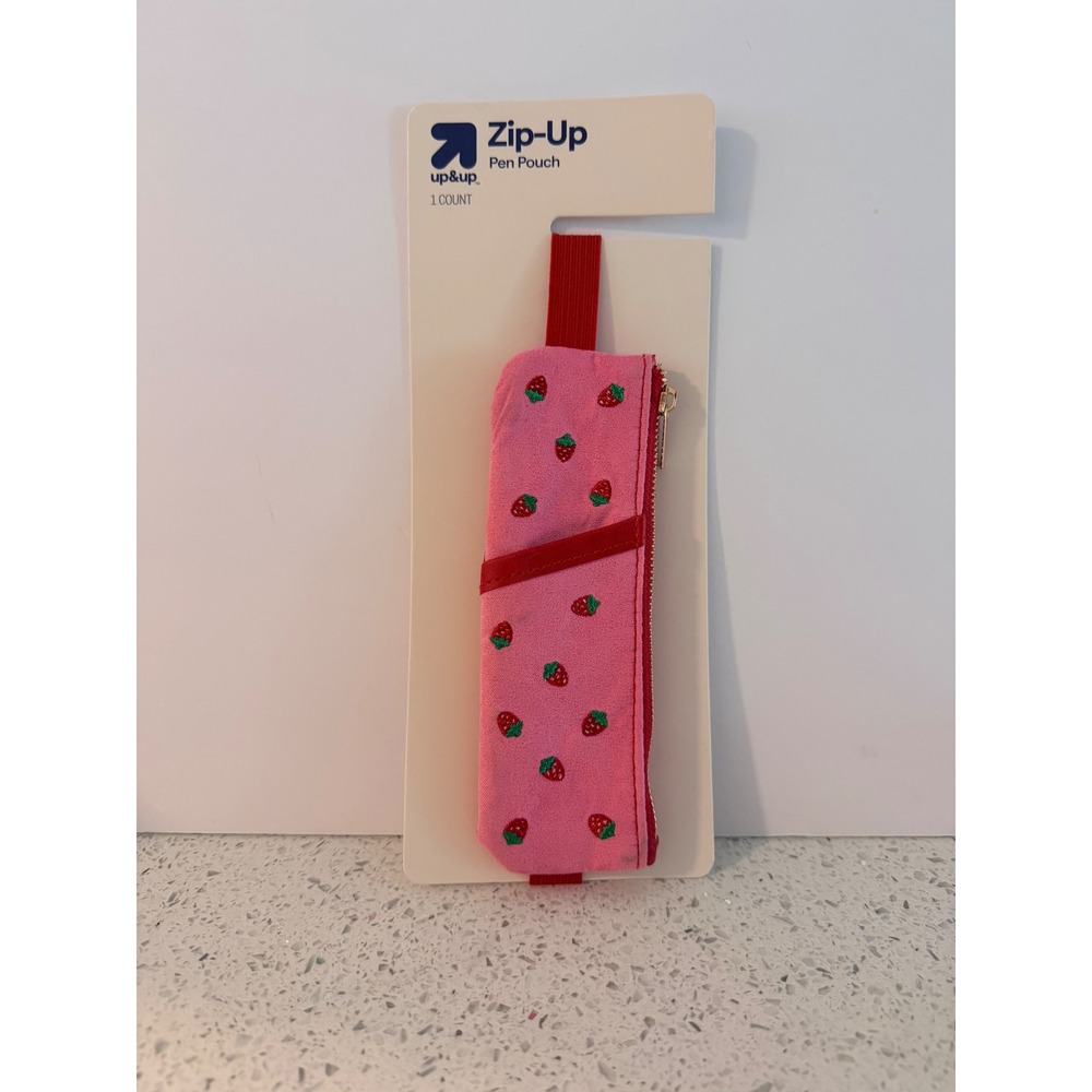 Up & Up Pink Strawberry Zip-Up Pen Pouch Elastic Band Planner Case 081-01-1372
